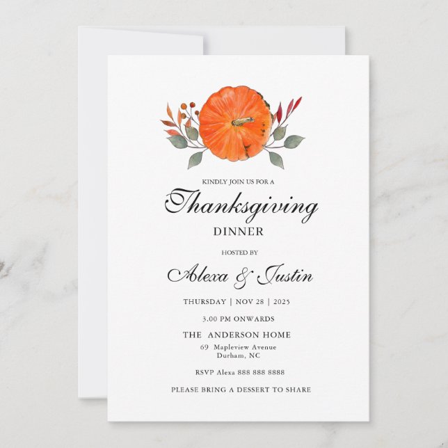 Watercolor pumpkin Thanksgiving dinner Invitation (Front)