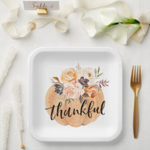 Watercolor Pumpkin Thanksgiving Dinner Paper Plate