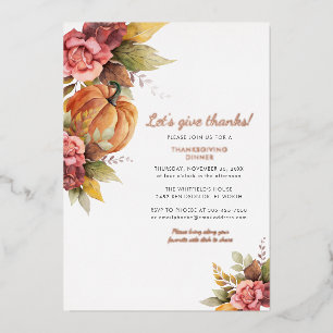 Watercolor Pumpkin Thanksgiving Dinner Rose Gold Foil Holiday Card