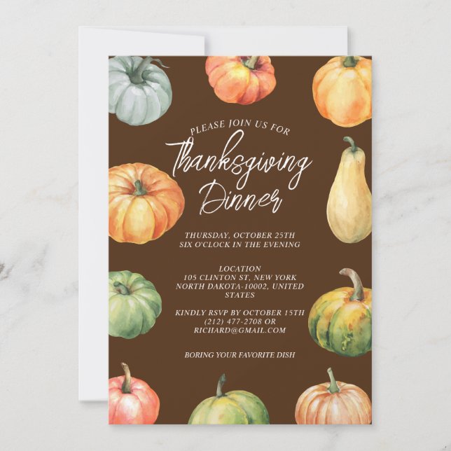 Watercolor Pumpkin Thanksgiving Fest Dinner Coffee Invitation (Front)
