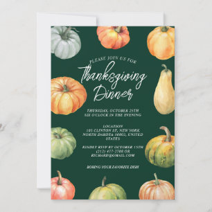 Watercolor Pumpkin Thanksgiving Fest Dinner Green Invitation