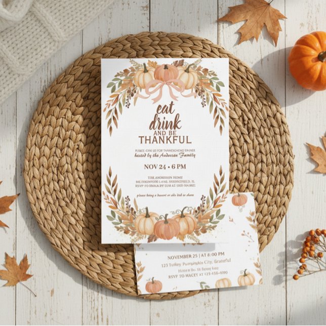 Watercolor Pumpkin Thanksgiving Invitation (rustic thanksgiving invitation)