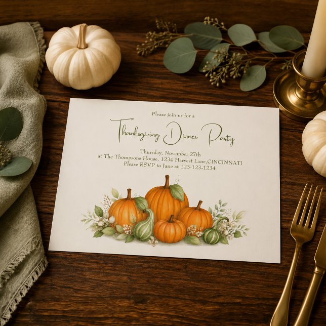 Watercolor Pumpkin Thanksgiving Invitation (Invite loved ones to Thanksgiving dinner with charming watercolor pumpkins and gourds.)