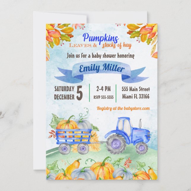 Watercolor Pumpkin Tractor Baby Shower Invitation (Front)