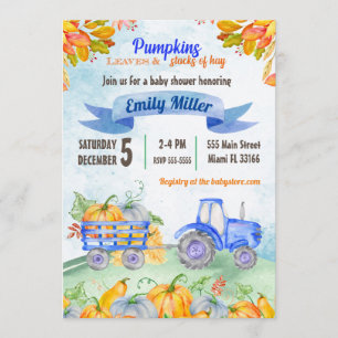 Watercolor Pumpkin Tractor Baby Shower Invitation