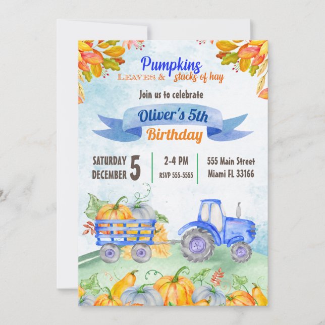 Watercolor Pumpkin Tractor Birthday Invitation (Front)
