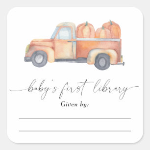 Watercolor pumpkin truck - Baby Shower bookplate Square Sticker