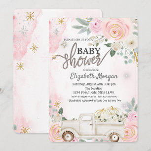 Watercolor Pumpkin Truck,Flowers Baby Showe Invitation