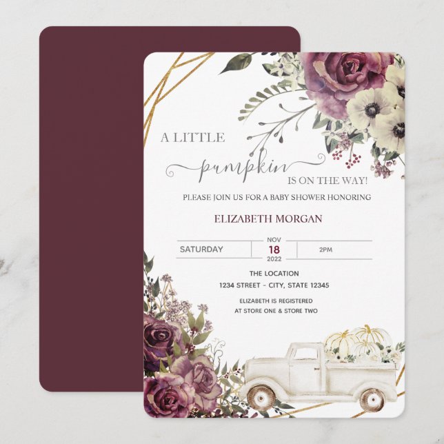 Watercolor Pumpkin Truck Flowers Baby Shower Invitation (Front/Back)