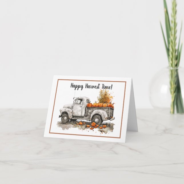 Watercolor Pumpkin Truck Happy Harvest Time Card (Front)