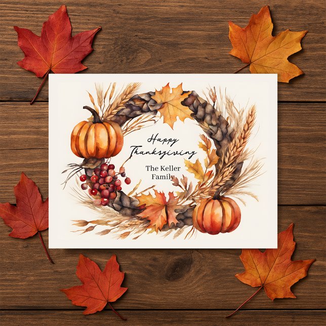 Watercolor Pumpkin & Wheat Thanksgiving Wreath  Postcard (Creator Uploaded)