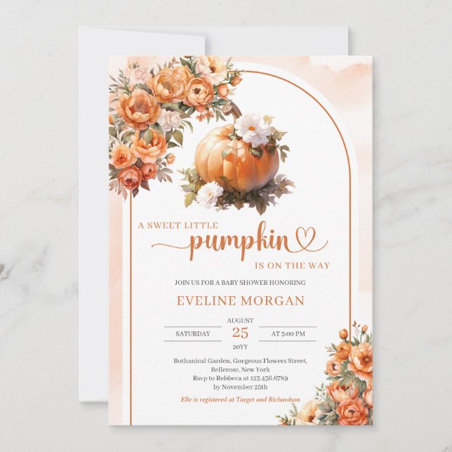 Watercolor pumpkin white autumn flowers peonies invitation (Front)