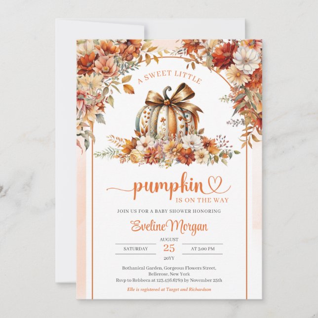 Watercolor pumpkin with coquette bow floral arch invitation (Front)