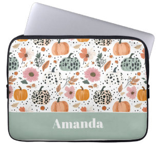 Watercolor Pumpkin with Flowers pattern with name Laptop Sleeve