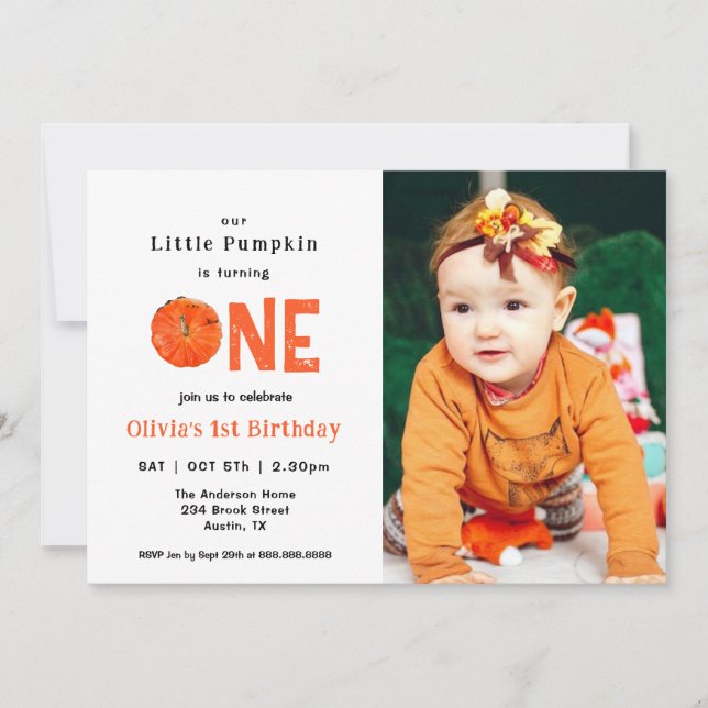 Watercolor Pumpkin with photo 1st birthday Invitation (Front)