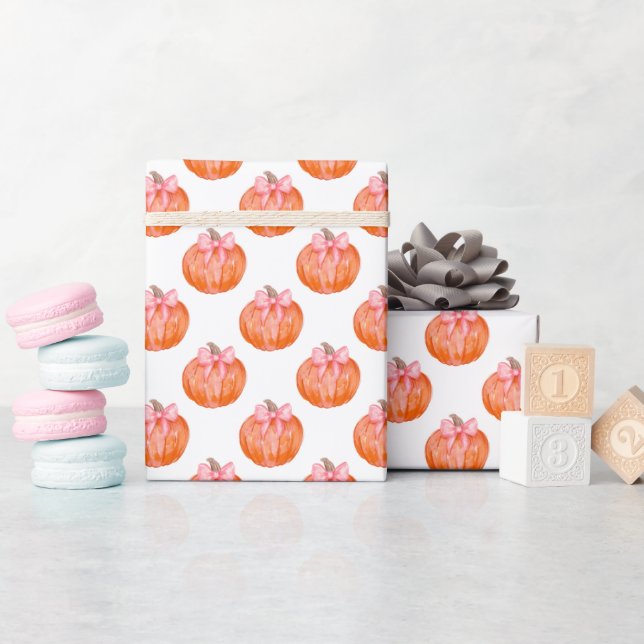 Watercolor Pumpkin with Pink Bow Pattern Wrapping Paper (Baby Shower)