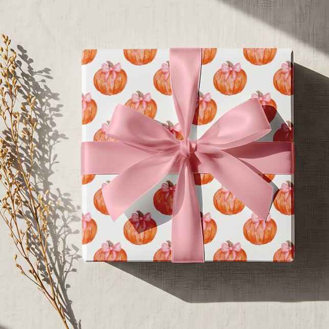 Watercolor Pumpkin with Pink Bow Pattern Wrapping Paper (Creator Uploaded)
