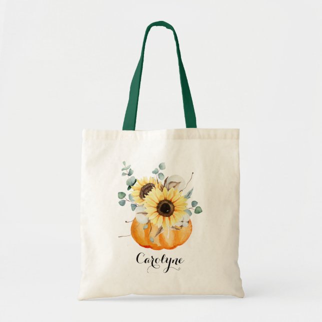 Watercolor Pumpkin with Sunflowers Bridesmaid Tote Bag (Front)