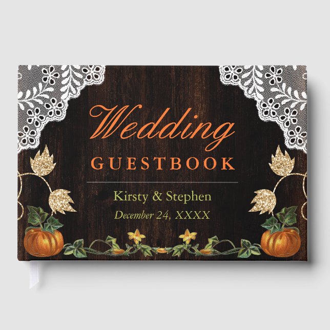 Watercolor Pumpkin Wood Autumn Wedding Guest Book (Front)