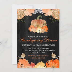 Watercolor Pumpkin Wood Thanksgiving Dinner Invitation