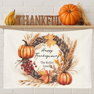 Watercolor Pumpkin Wreath Family Thanksgiving Banner