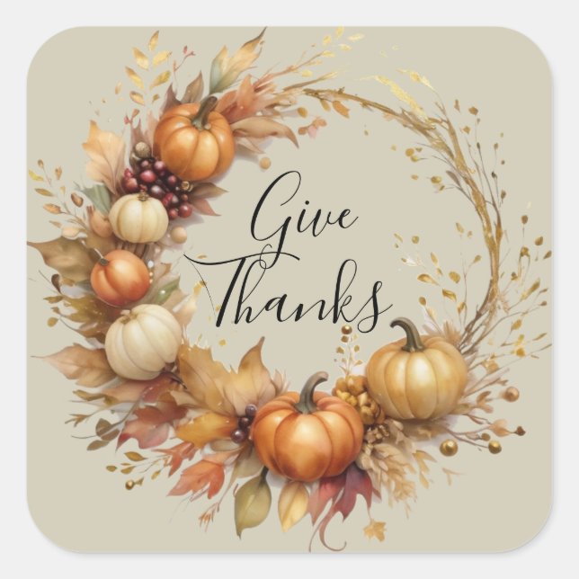 Watercolor Pumpkin Wreath Thanksgiving Square Sticker (Front)