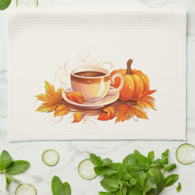 Watercolor Pumpkins and Coffee Tea Towel (Folded)
