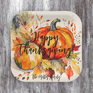 Watercolor Pumpkins and Fall Leaves Thanksgiving Paper Plate