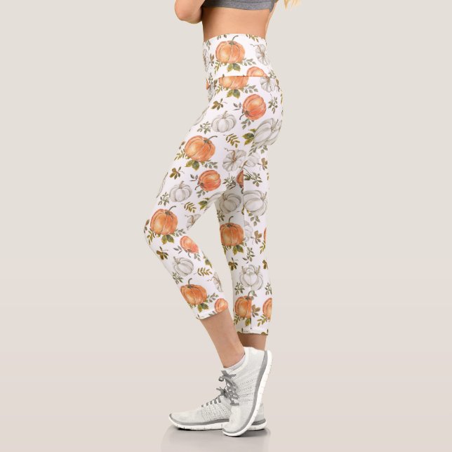Watercolor Pumpkins and Foliage Autumn Pattern Capri Leggings (Left)