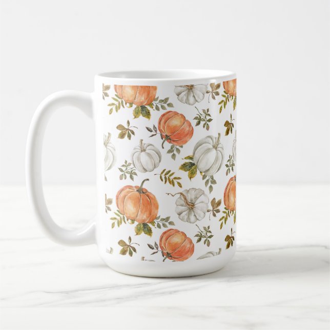 Watercolor Pumpkins and Foliage Autumn Pattern Coffee Mug (Left)