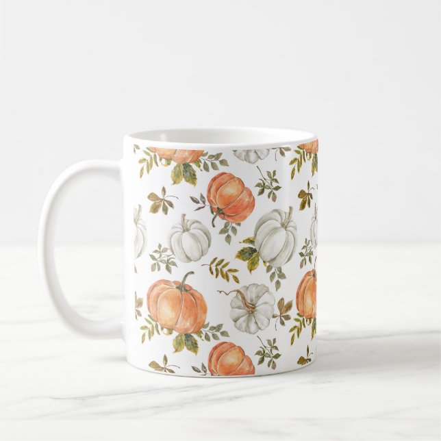 Watercolor Pumpkins and Foliage Autumn Pattern Coffee Mug (Left)