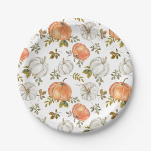 Watercolor Pumpkins and Foliage Autumn Pattern Paper Plate