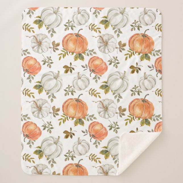Watercolor Pumpkins and Foliage Autumn Pattern Sherpa Blanket (Front)