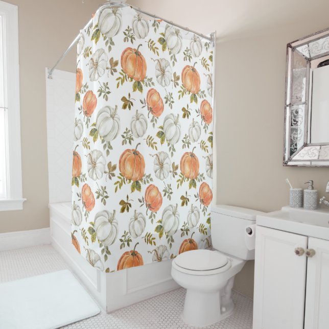Watercolor Pumpkins and Foliage Autumn Pattern Shower Curtain (In Situ)