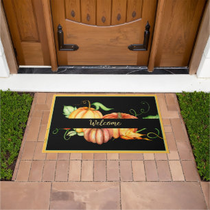 Watercolor pumpkins and leaves welcome doormat