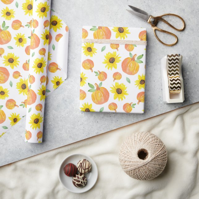 Watercolor Pumpkins and Sunflowers  Wrapping Paper (Crafts)