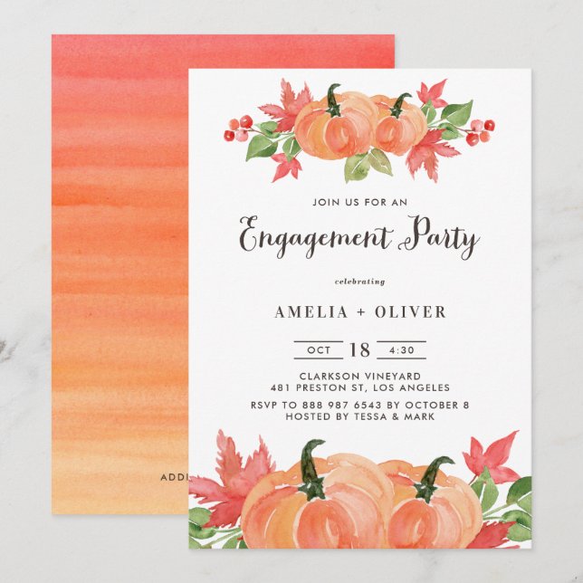 Watercolor Pumpkins Autumn Engagement Party Invitation (Front/Back)