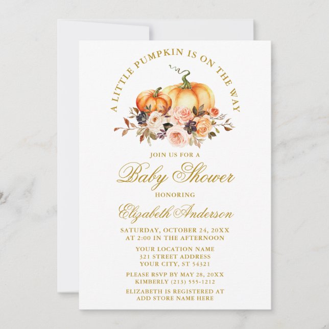 Watercolor Pumpkins Autumn Floral Baby Shower Gold Invitation (Front)