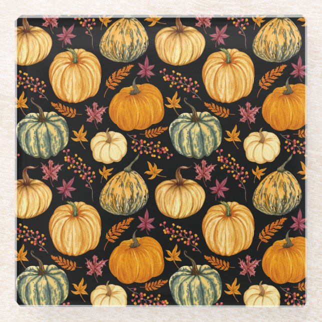Watercolor Pumpkins: Autumn Seamless Pattern. Glass Coaster (Front)