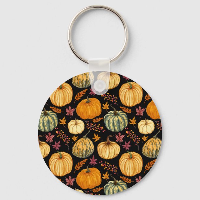 Watercolor Pumpkins: Autumn Seamless Pattern. Key Ring (Front)