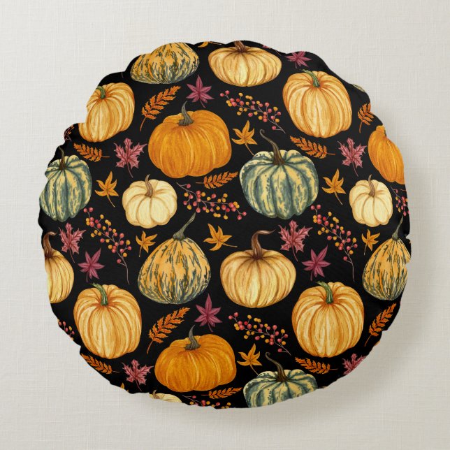 Watercolor Pumpkins: Autumn Seamless Pattern. Round Cushion (Front)