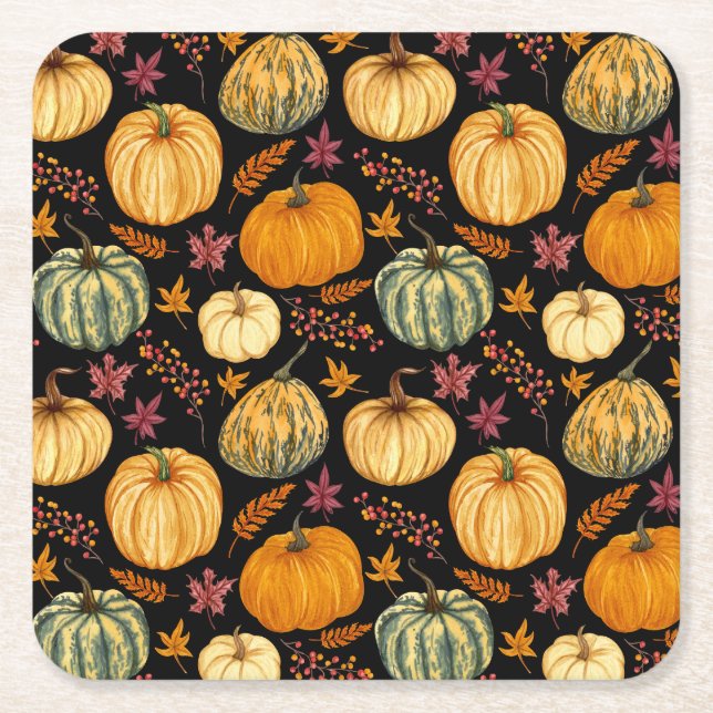 Watercolor Pumpkins: Autumn Seamless Pattern. Square Paper Coaster (Front)