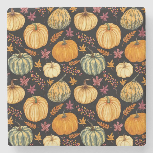 Watercolor Pumpkins: Autumn Seamless Pattern. Stone Coaster (Front)