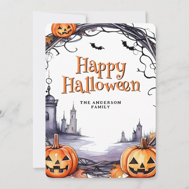 Watercolor Pumpkins Bats Happy Halloween Holiday Card (Front)