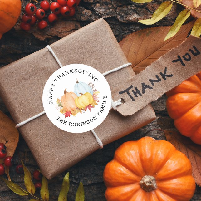 Watercolor Pumpkins Custom Name Happy Thanksgiving Classic Round Sticker (Creator Uploaded)