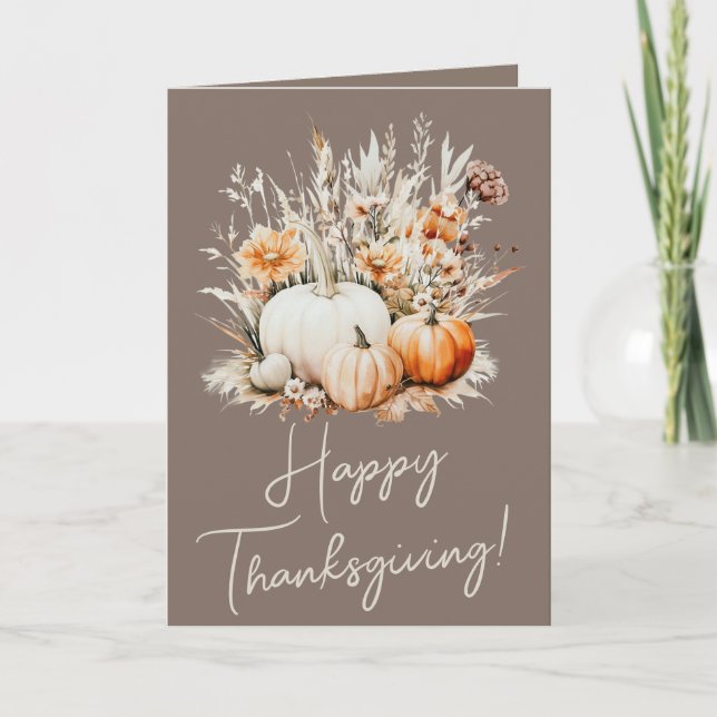 Watercolor Pumpkins Dry Grass Happy Thanksgiving Holiday Card (Front)