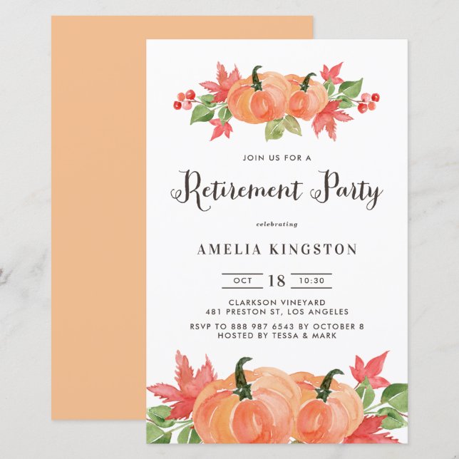 Watercolor Pumpkins Fall Retirement Invitatation (Front/Back)