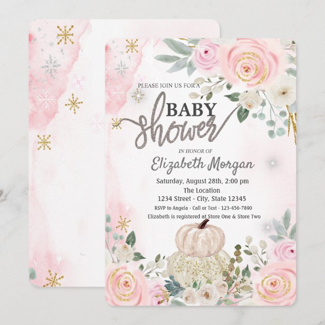 Watercolor Pumpkins,Flowers Baby Showe Invitation (Front/Back)