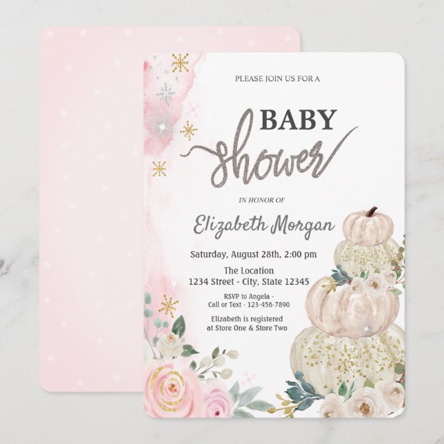 Watercolor Pumpkins Flowers Polka Dots Baby Shower Invitation (Front/Back)