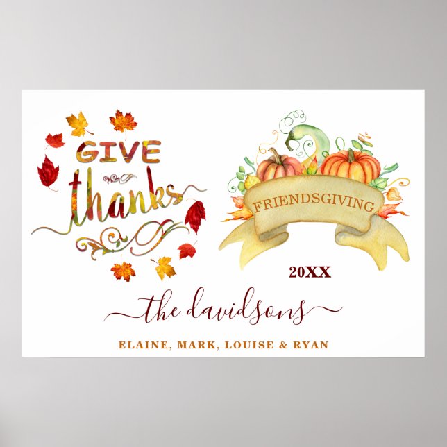 Watercolor Pumpkins Give Thanks Freindsgiving Poster (Front)